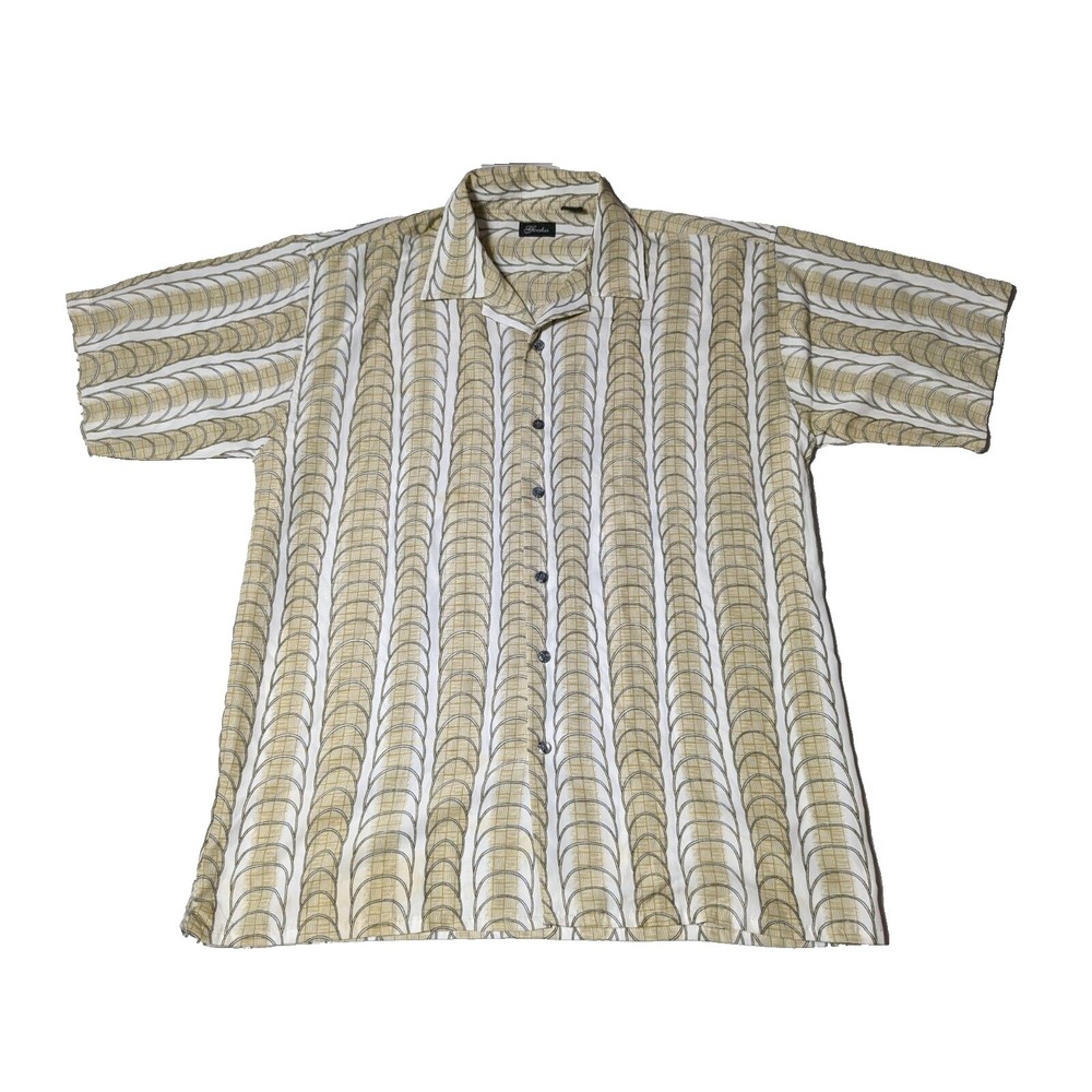 VTG GOCHU Men Size XL Tan GEO AOP‎ Button-Up Short Sleeve Poly Camp Shirt